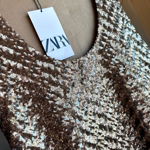 NWT ZARA Gold Sequin Sparkling Mini Dress Short Sleeveless Sack Round Neck - Picture 15 of 15